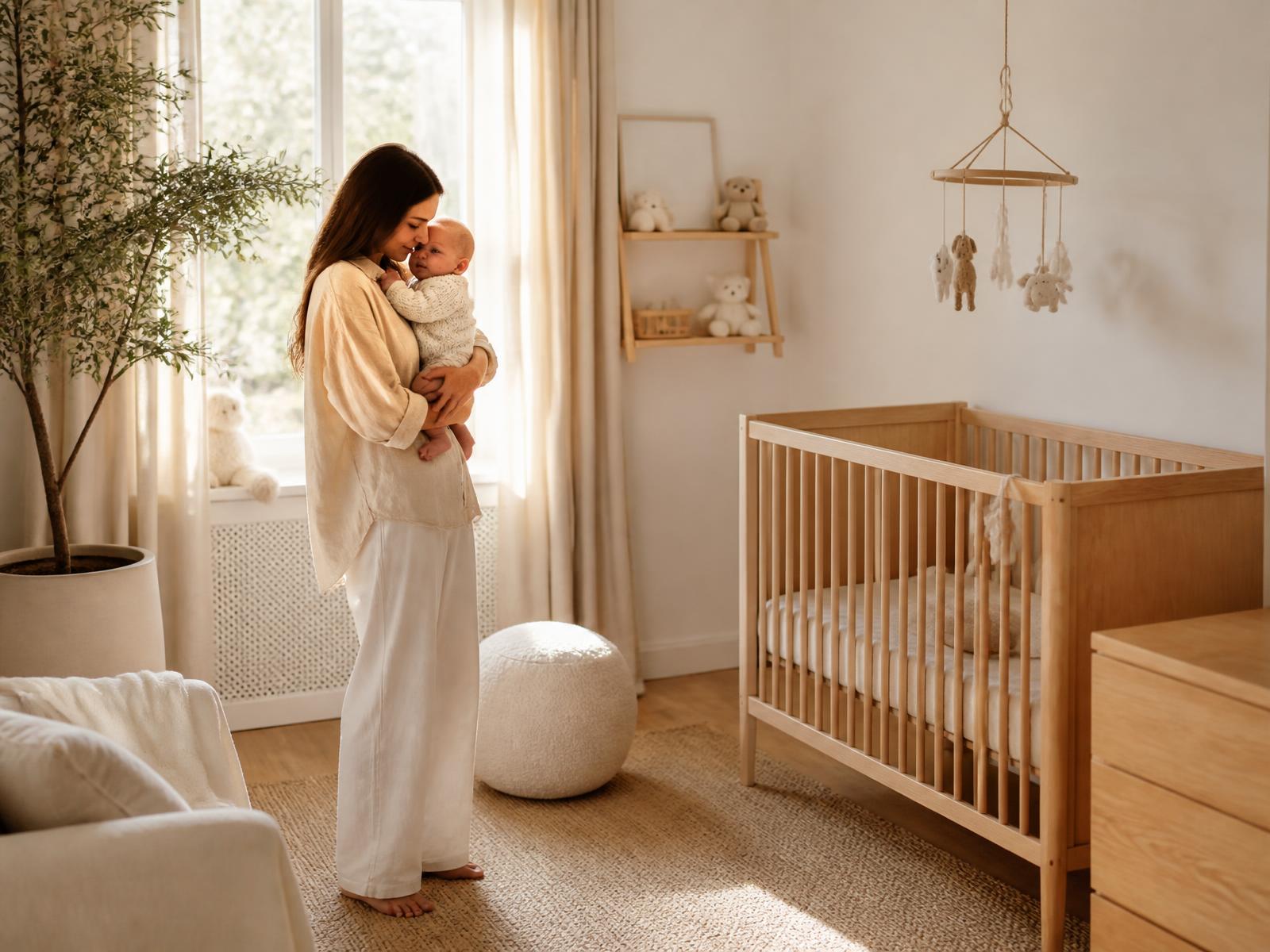 Elternteil mit Baby in einem hellen, ruhigen Kinderzimmer